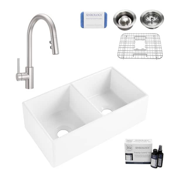 SINKOLOGY Bradstreet II 33 in Farmhouse Apron Front Undermount Double Bowl Crisp White Fireclay Kitchen Sink with Stainless Faucet