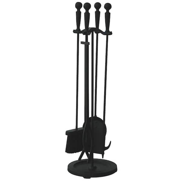 UniFlame Brushed Black 5-Piece Fireplace Tool Set with Double Rods and Heavy Weight Steel Construction