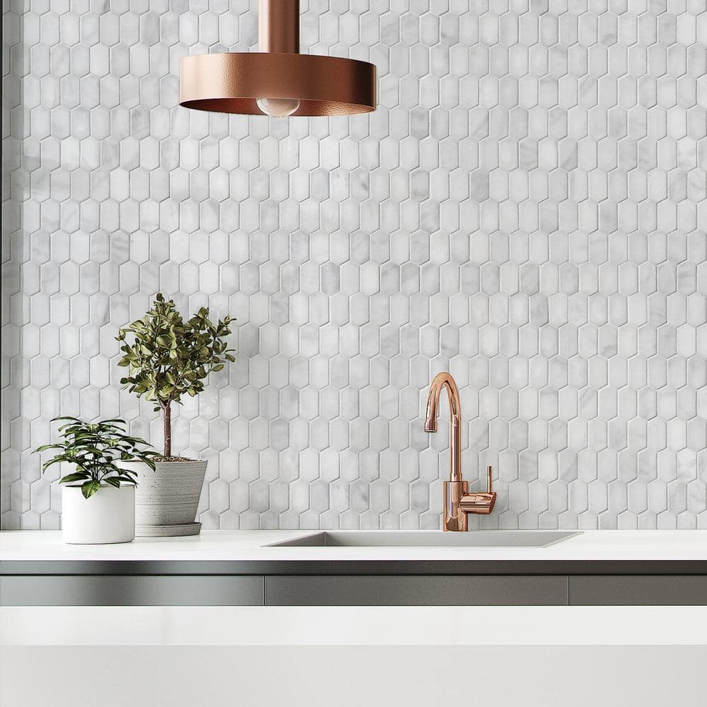 12" x 10" White Carrara Marble Hexagonal Mosaic Tile