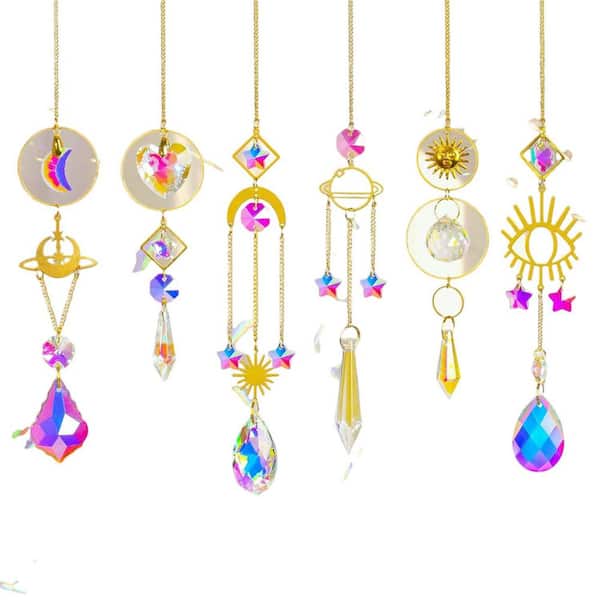 Sun Catcher 6-Piece Colorful Crystal Sun Catcher with Chain Pendant Jewelry for Window Home Indoor Outdoor Garden
