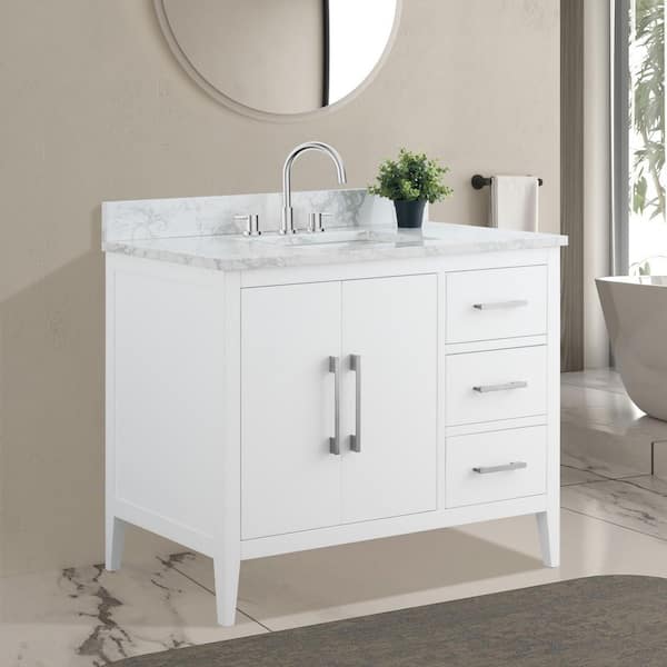 42 in. W x 22 in. D x 34 in. H Single Sink Bathroom Vanity Cabinet in White with Engineered Marble Top