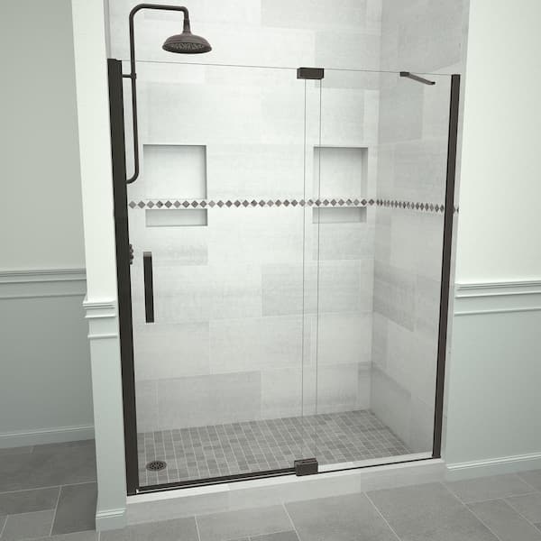 Tile Redi Redi Swing 5200 47 in. W x 76 in. H Semi-Frameless Pivot Shower Door in Oil Rubbed Bronze with Handle