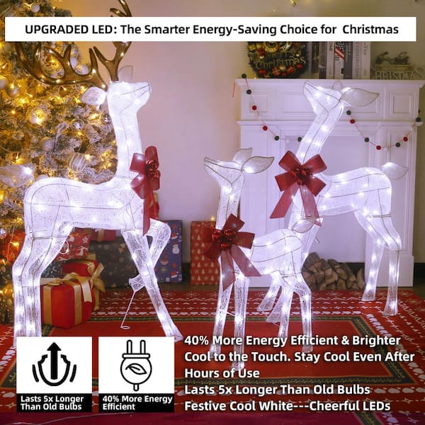 Outdoor Christmas Decoration 3-Piece 3D Reindeer Family Yard Decoration with Cool White LED Lights, White