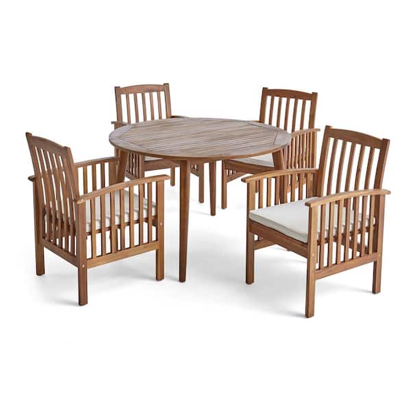 Casa Acacia Teak Brown 5-Piece Acacia Wood Round Table with Straight Legs Patio Outdoor Dining Set with Cream Cushions