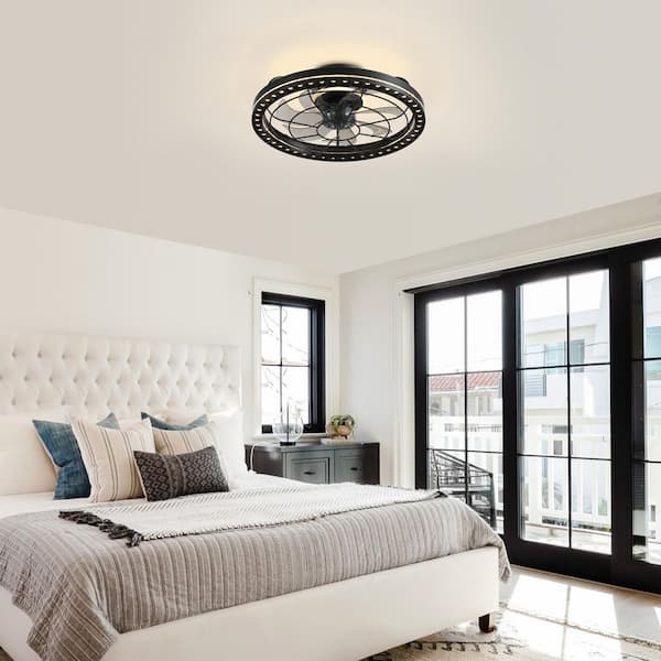 19 in. Indoor Black Low Profile Caged Ceiling Fan with Lights with Remote Included