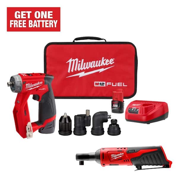 Milwaukee M12 FUEL 12V Lithium-Ion Brushless Cordless 4-in-1 Installation 3/8 in. Drill Driver Kit W/ M12 3/8 in. Ratchet