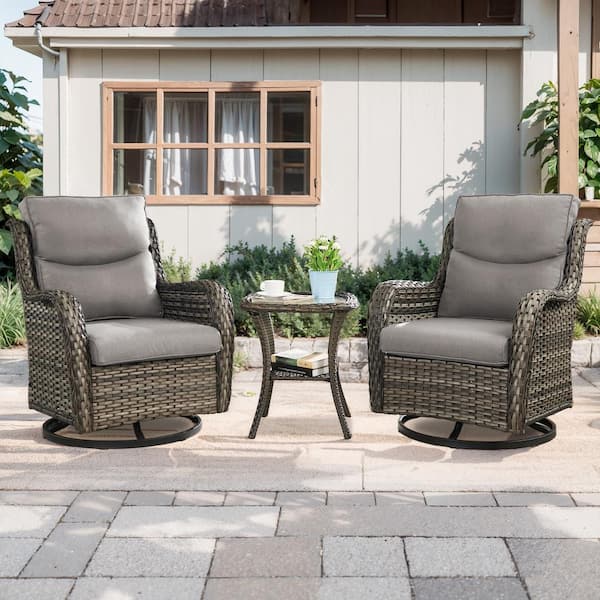 Gymojoy Carolina Gray Wicker 3-Piece Outdoor Swivel Glider Set Outdoor Conversation Set with Gray Thick Cushions