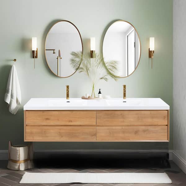 MinimalGrace 84 in. Double Sink Floating Oak Bath Vanity with White Resin Top