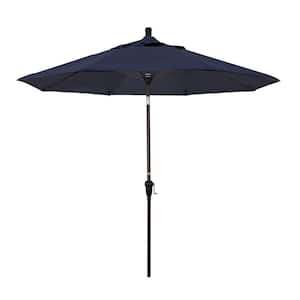 9 ft. Bronze Aluminum Pole Market Aluminum Ribs Auto Tilt Crank Lift Patio Umbrella in Navy Sunbrella