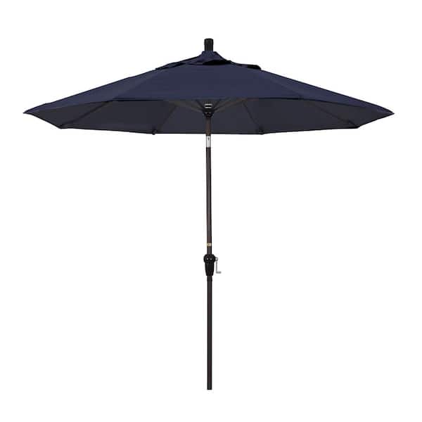 California Umbrella 9 ft. Bronze Aluminum Pole Market Aluminum Ribs Auto Tilt Crank Lift Patio Umbrella in Navy Sunbrella