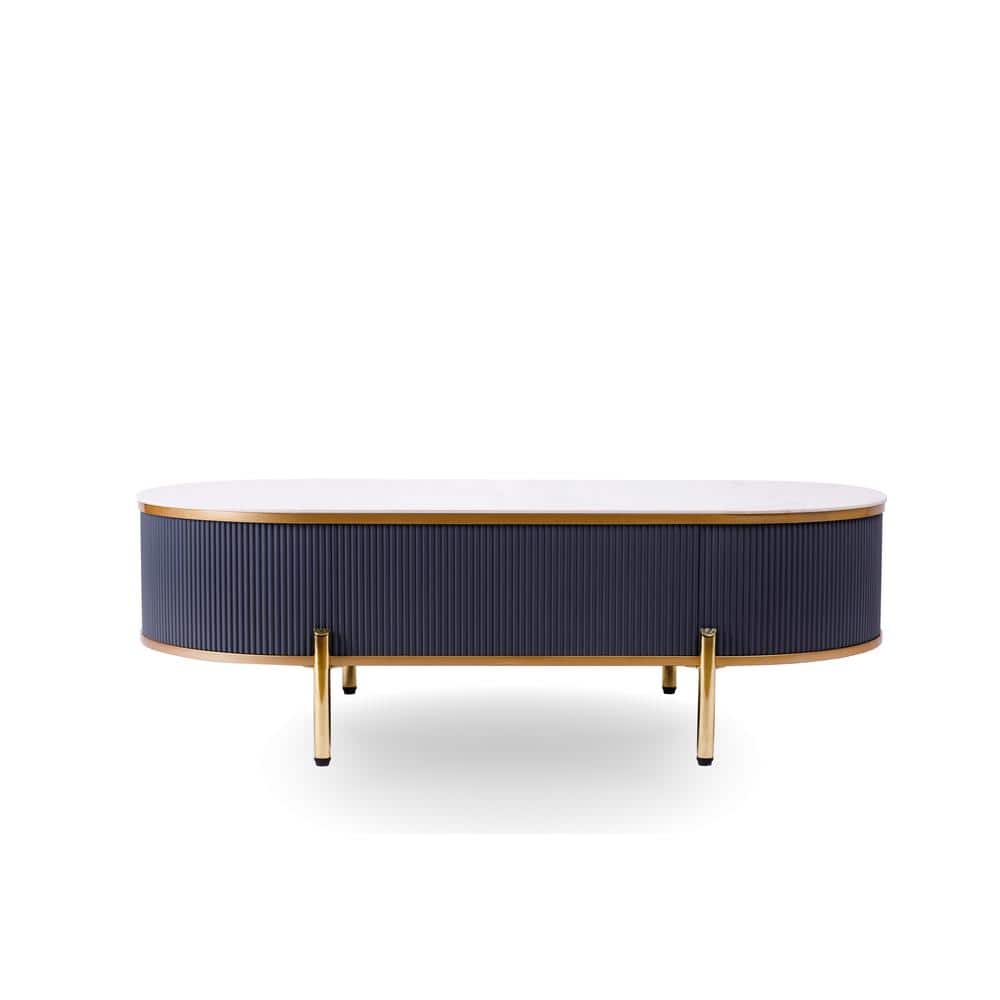 Elegant Oval Sintered Stone Coffee Table with Gold Accents and Storage