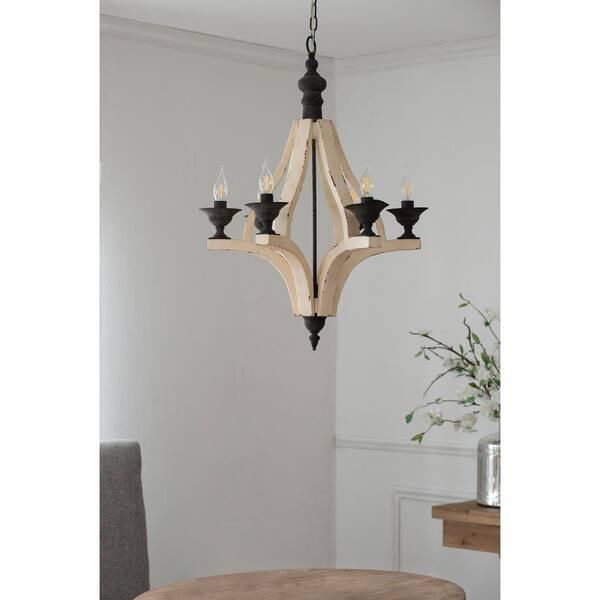 CottaIron 6-Light Distressed White Pendant with Adjustable Chain Wood Chandelier for Hallway, with No Bulbs Included