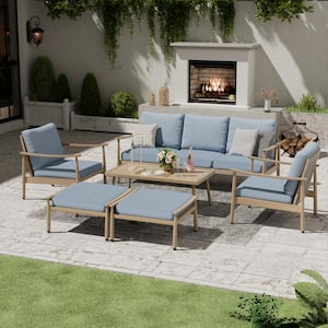 6-Piece Aluminum Patio Conversation Set with Coffee Table, Ottomans and Blue Cushions