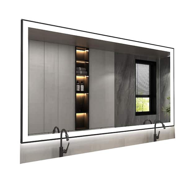 INSTER LINE 60 in. W x 28 in. H Rectangular Black Framed Wall Mount Anti-Fog Bathroom Vanity Mirror with LED Light and Memory