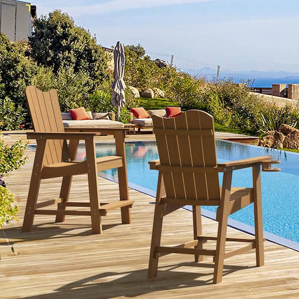 LUE BONA Brown-Oil Printed Plastic Adirondack Outdoor Bar Stool with Cup Holder Weather Resistant Wave Design Bar Chair(2-Pack)