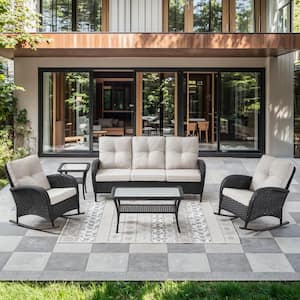 Black 5-Piece Wicker Patio Conversation Set with Rocking Chairs, Outdoor Sofa Seating Set with Olefin Beige Cushions