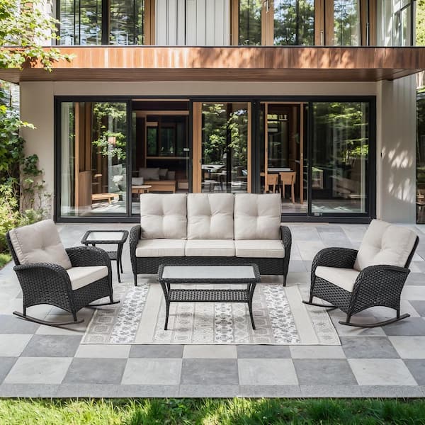 Black 5-Piece Wicker Patio Conversation Set with Rocking Chairs, Outdoor Sofa Seating Set with Olefin Beige Cushions