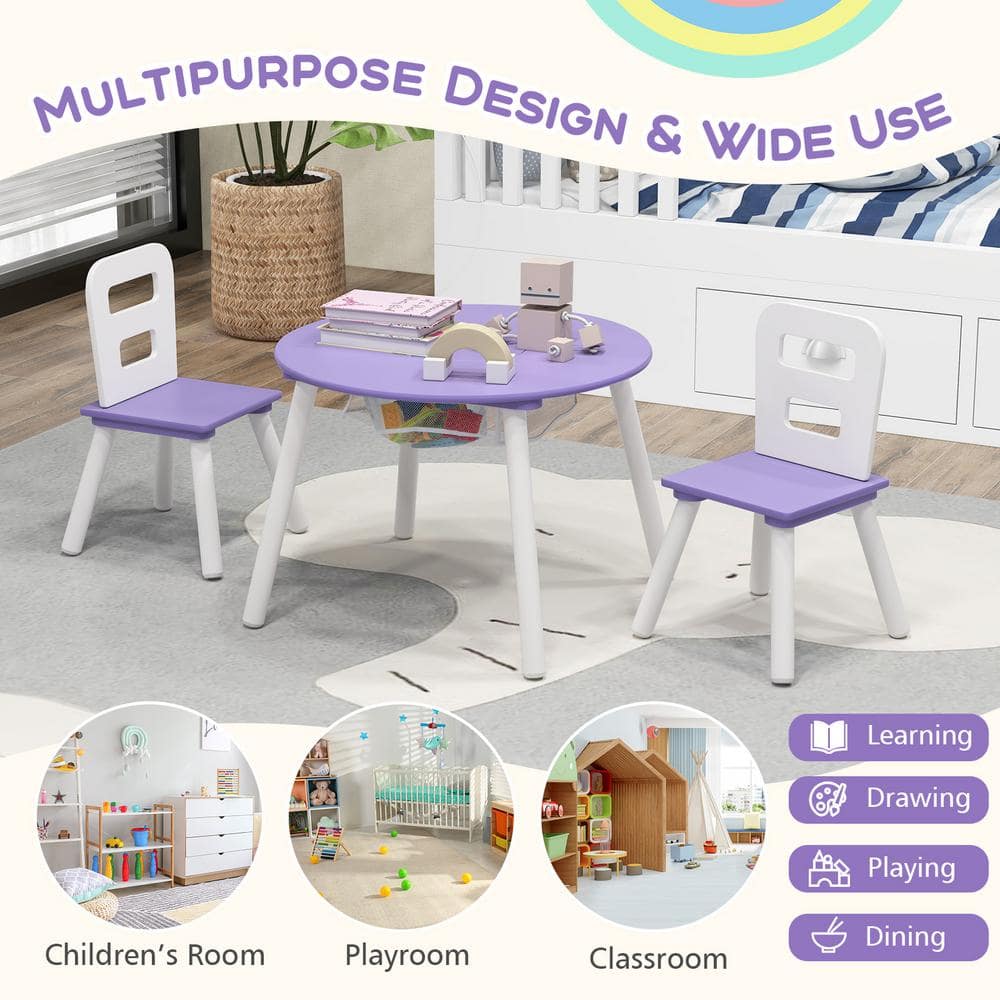 Purple Wooden Kids Table and Chair Set with Storage