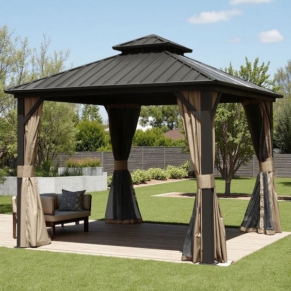 10 ft. x 10 ft. Brown Hardtop Gazebo,Aluminum Metal Gazebo with Galvanized Steel Double Roof Canopy, Curtain and Netting