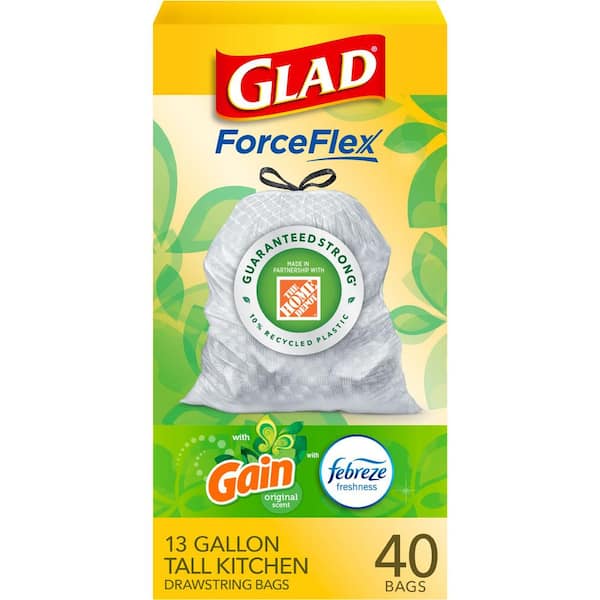 Glad Force Flex 13 Gal. Drawstring Trash Bags Original Scent with Gain  Original Scent (40-Count) 1258722442 - The Home Depot