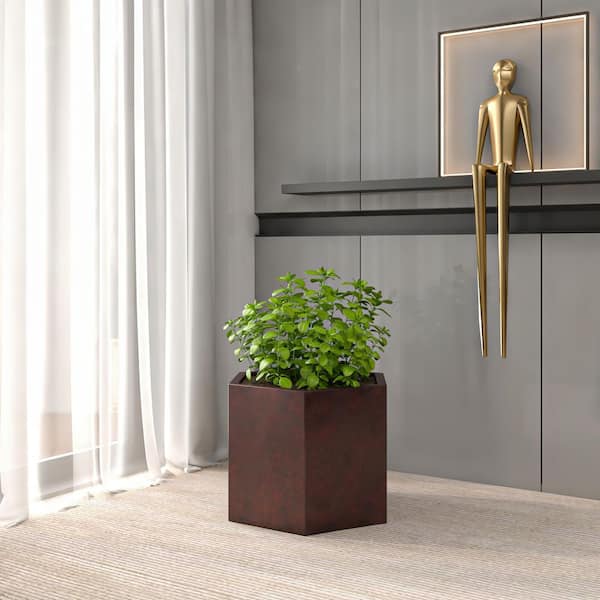 Thicket 9 in. Wide Brown Fiberstone Hexagon Planter Weather Resistant Plant Pot with Drainage Holes