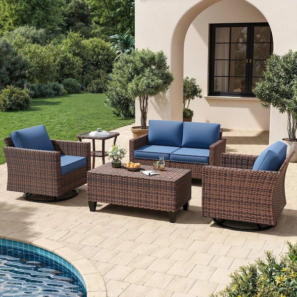 5 Piece Patio Set Outdoor Wicker Sofa With Shelf and 360° Swivel Chairs