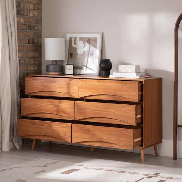 Mid-Century Modern Caramel 6-Drawer 58.5 in. Dresser with Curved Detailing