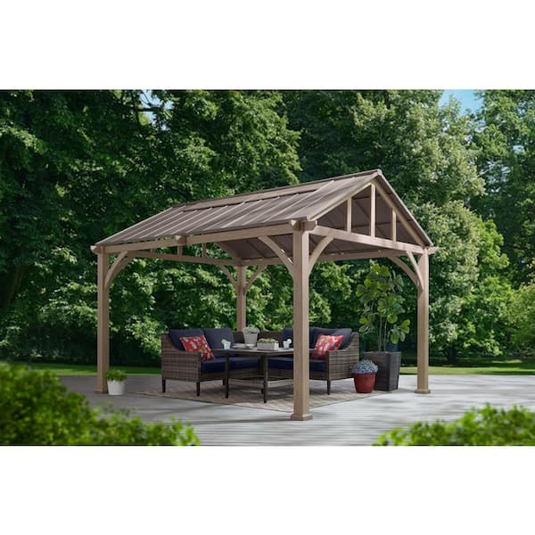 Hampton Bay Lindmoore 11 ft. x 13 ft. Taupe Pitched Roof Hard Top Gazebo