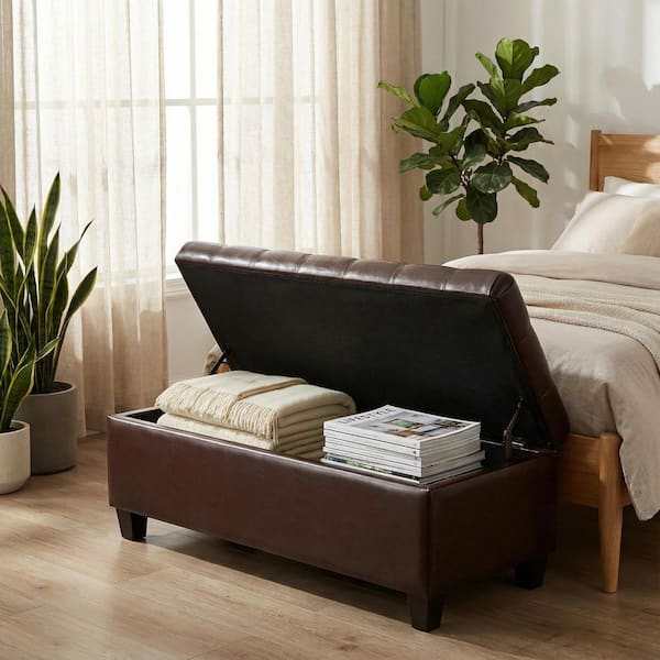 Corven 50.25 in. W Brown Tufted PU Leather Flip-Top Storage Ottoman Bench
