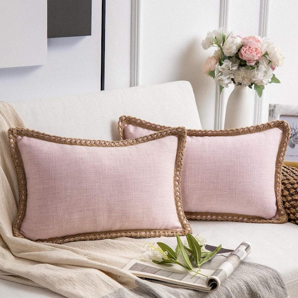 Unbranded Pack of 2 Decorative Throw Pillow Covers, Burlap Linen Trimmed, Blush Pink