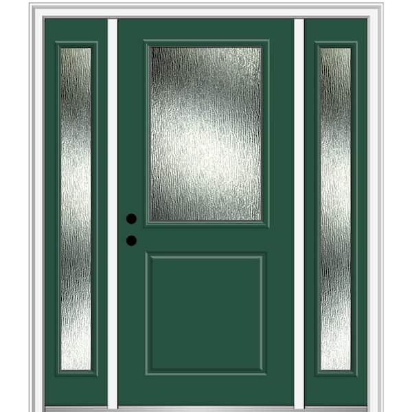 MMI DOOR 64 in. x 80 in. Right-Hand Inswing Rain Glass Hunter Green Fiberglass Prehung Front Door on 4-9/16 in. Frame