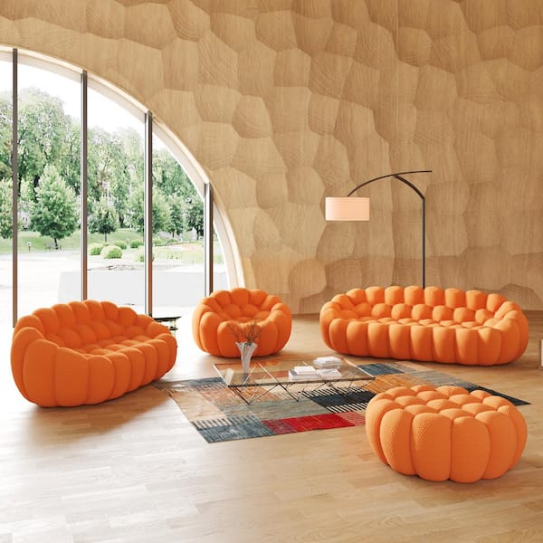 98.43 in. W Flared Arm 3D-Knitted Polyester 4-Piece Curved Modular Sectional Sofa in Orange with Ottoman