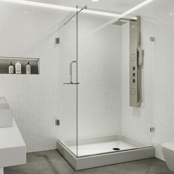 VIGO Pacifica 48 in. L x 36 in. W x 79 in. H Frameless Pivot Shower Enclosure Kit in Brushed Nickel with 3/8 in. Clear Glass