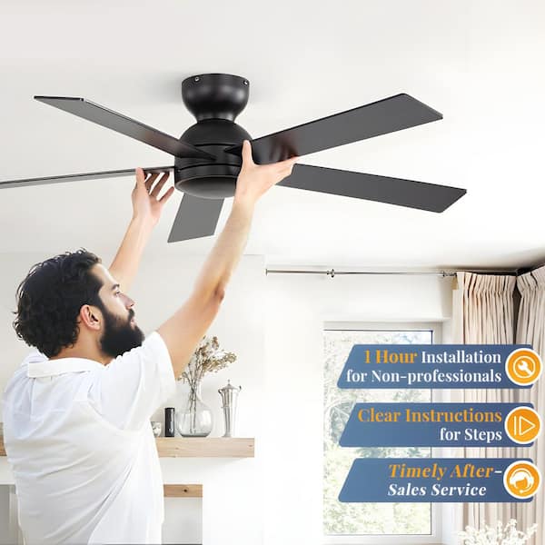48 in. Matte Black Indoor 6 Speeds Flush Mount Low Profile Ceiling Fan No Lights with Remote Control for Bedroom