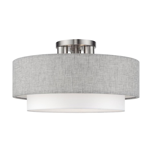 Brookmeade 3-Light Brushed Nickel Semi Flush Mount with Urban Gray and White Color Fabric Shade