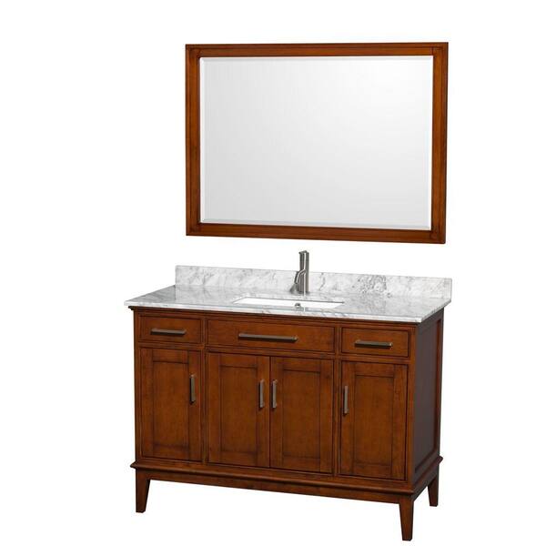 Wyndham Collection Hatton 48 in. Vanity in Light Chestnut with Marble Vanity Top in Carrara White, Square Sink and 44 in. Mirror