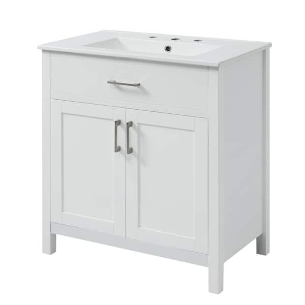 Zeus & Ruta 30 in. W x 18.3 in. D x 34 in. H Single Sink Bath Vanity in White with White Ceramic Top and Drawer