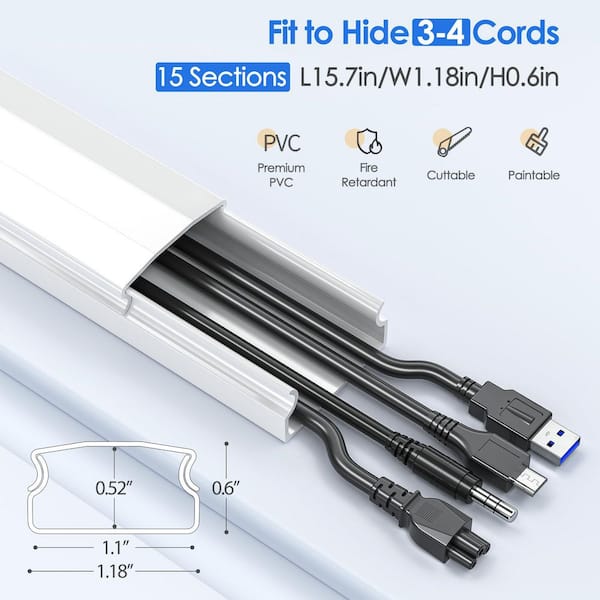 236 in. White Paintable Cord Hider Raceway Kit with Adhesive Channel for Wall Mounted TV Cable Management