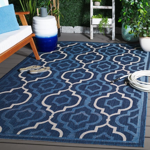 Courtyard Navy/Beige 7 ft. x 7 ft. Floral Trellis Indoor/Outdoor Square Area Rug