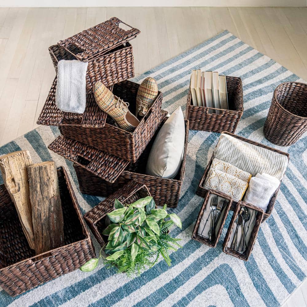 Handwoven Dark Brown Hyacinth Storage Basket Set with Iron Frame
