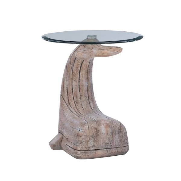 Willis Whale 20 in. Distressed Natural Driftwood Specialty Glass End Table