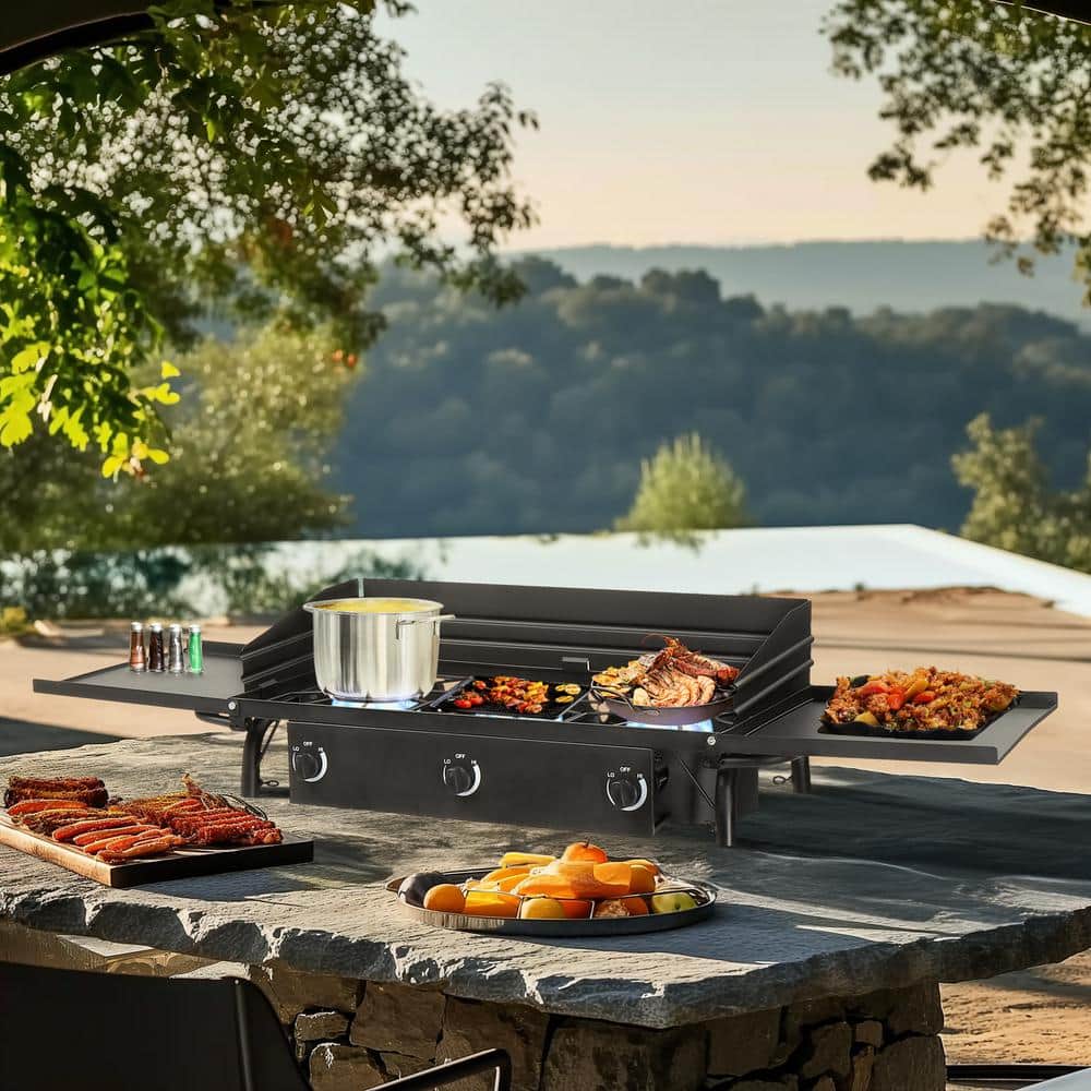 Portable Black 3-Burner Propane Gas Grill with Folding Shelves