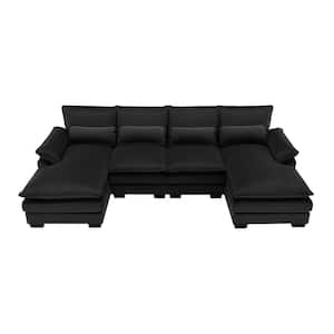 109.8 in. x 55.9 in. Square Arm Velvet U-Shaped Sectional Sofa with Waist Pillows in Black