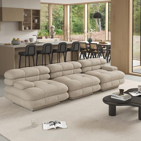 Magic Home Vintage 109 in. Square Arm 3-Piece Velvet Curved Soriano Sectional Sofa in Light Brown