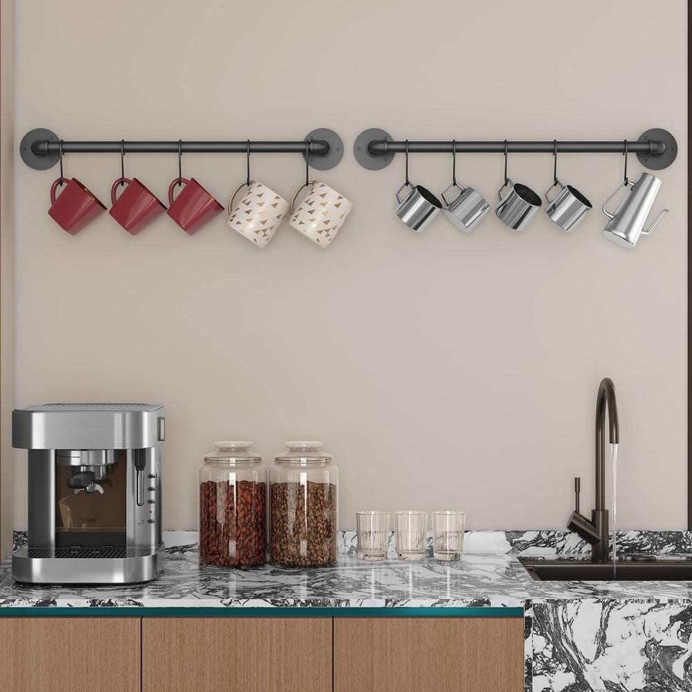 2-Pack 21 in. Black Wall Mounted Pan Pot Rack, Iron Pipe Kitchen Hanging Rail with 10 S Hooks