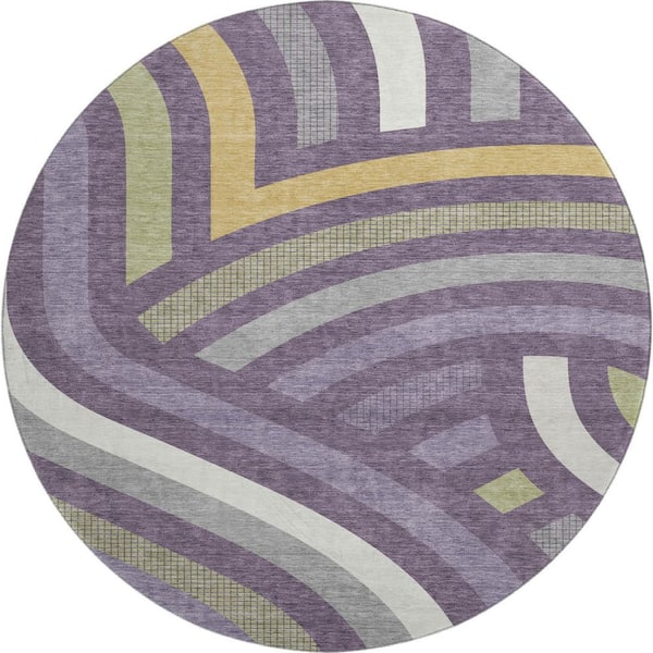 Mayfield Premium Machine Washable Abstract AMF2467 Plum 8 ft. x 8 ft. Round Rug