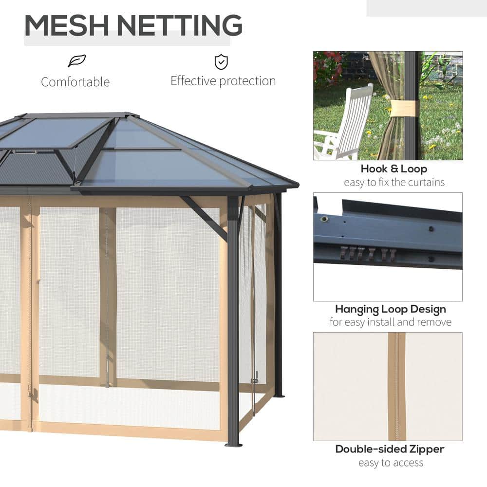 Gray Aluminum Frame Hardtop Gazebo with Polycarbonate Roof and Netting