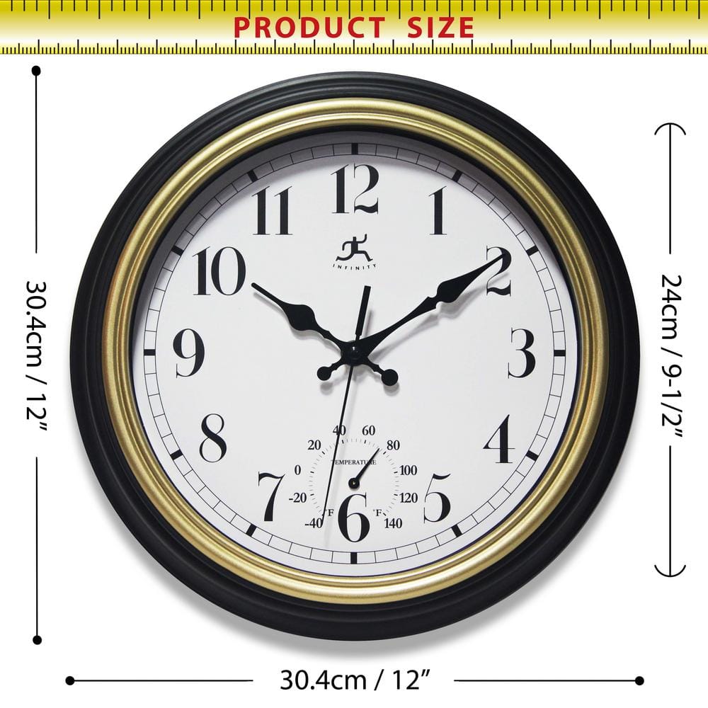 12-Inch Black and Gold Round Wall Clock with Thermometer