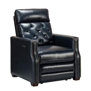 Octavio 31.50"Wide Navy Genuine Leather Power Recliner with Nailhead Trim and USB Port