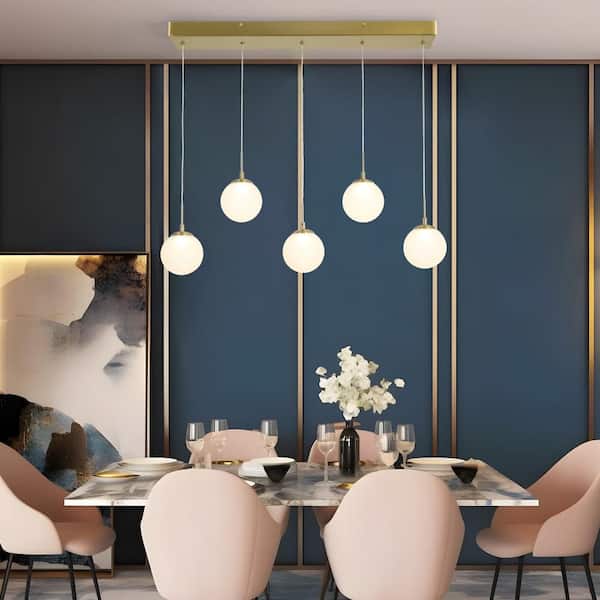 Zevni 5-Light Mid-Century Modern Brass Island Chandelier w/Frosted Glass, 28-Watt Integrated LED Pendant Light for Dining Room